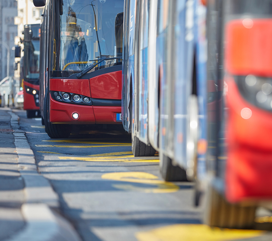 A lineup of red buses stationed on a street, highlighting their robust build.