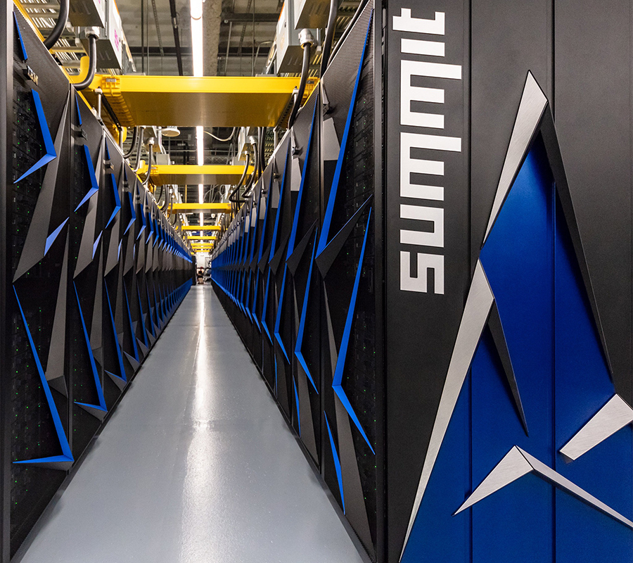 A long hallway featuring sleek blue and black servers.