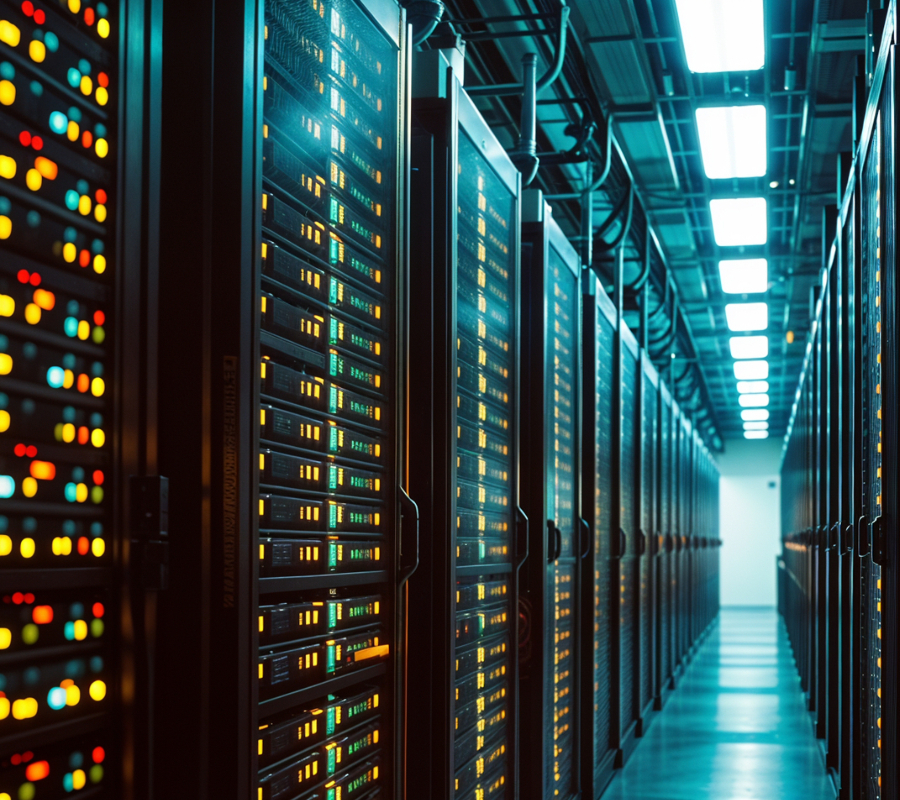 Aisle of data center with glowing servers and overhead lighting