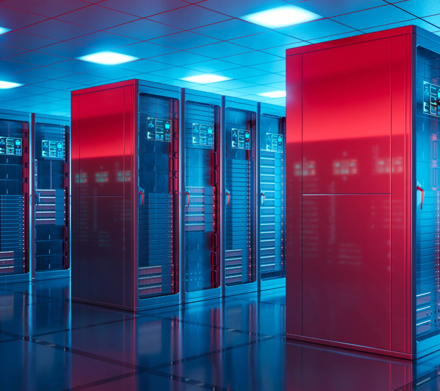 Modern data center with illuminated server racks in red and blue lighting