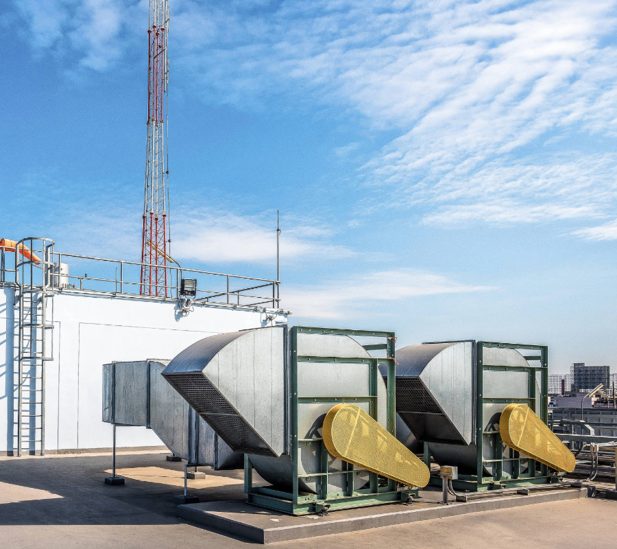 Cooling units and communication tower on a rooftop data center
