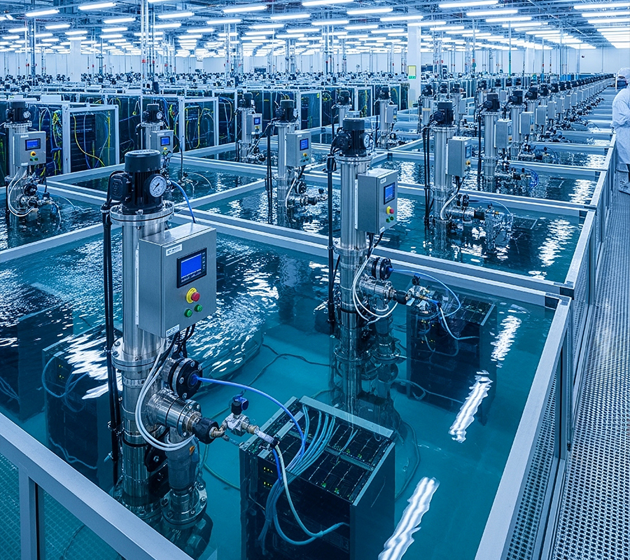 blue and white image of a room of immersion tanks for liquid cooling