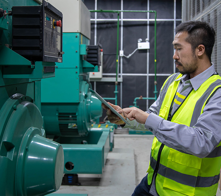 man in a safety vest inspects a backup generator in a data center
