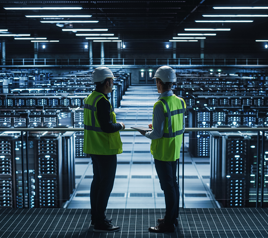  Two men in hard hats inspecting CRAC units in a server room, ensuring optimal cooling and equipment functionality.