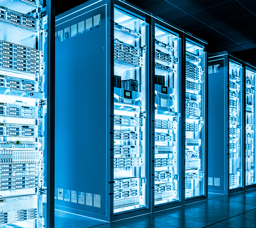 A row of servers in a data center, equipped with chilled water systems for optimal cooling and performance.