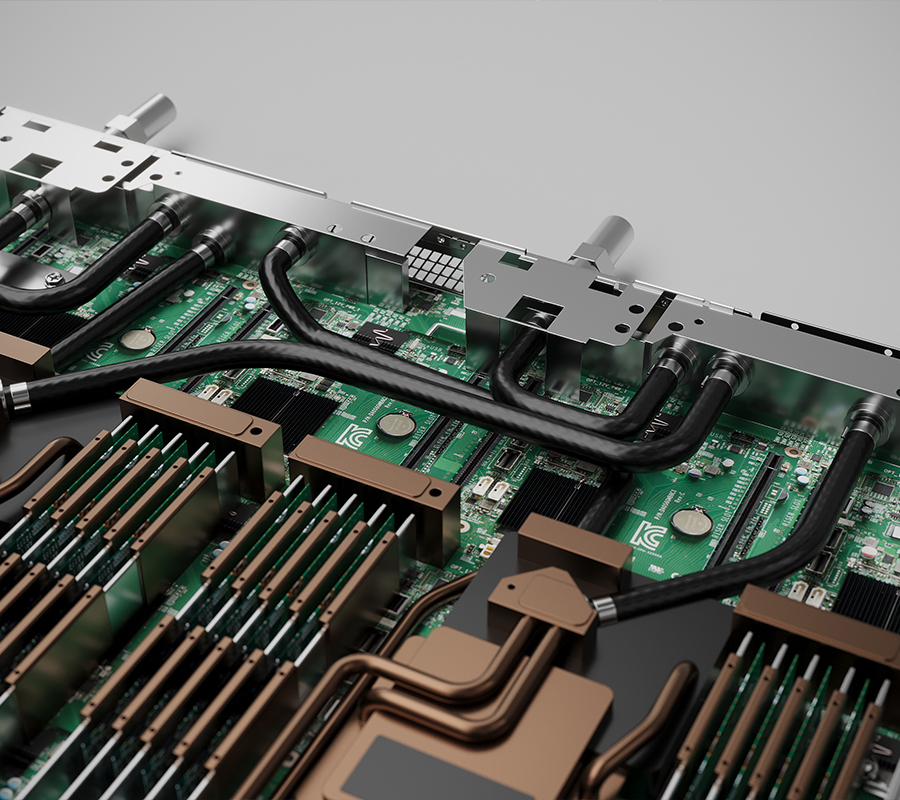 A detailed view of a motherboard featuring various components, highlighting Direct to Chip liquid cooling technology.