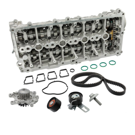 Cylinder head with camshafts beside timing belt kit, water pump, tensioners, and gaskets.