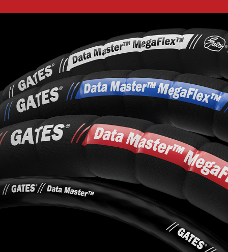 Gates Data Master MegaFlex industrial hoses in red and blue labels