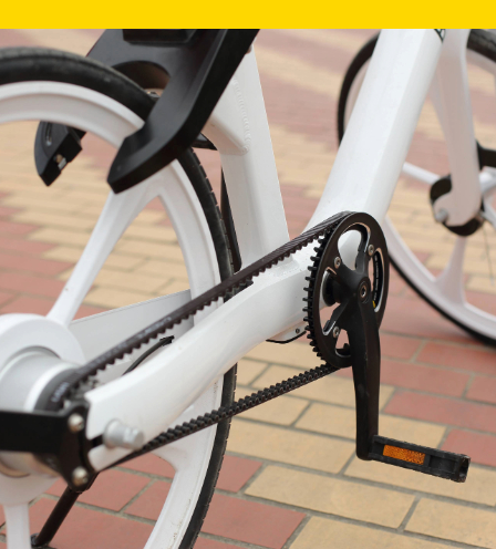 a white bicycle using belt drives and with special Intelligent lock