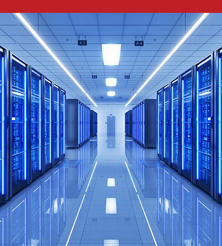 a blue and white data center server hall full of high-performance racks and clean shiny floor tiles