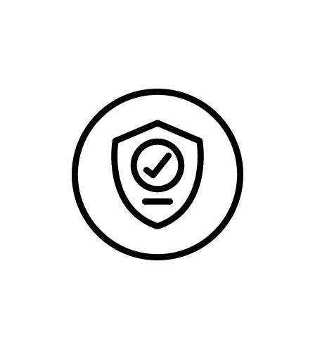 Black and white icon with an illustration of a shield with a check mark inside it