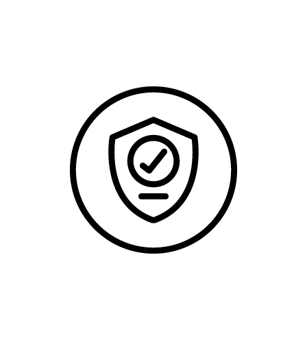 Black and white icon with an illustration of a shield with a check mark inside it