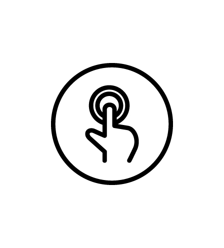 A simple black and white icon of a hand tapping a button on a touch screen, illustrating digital interaction.