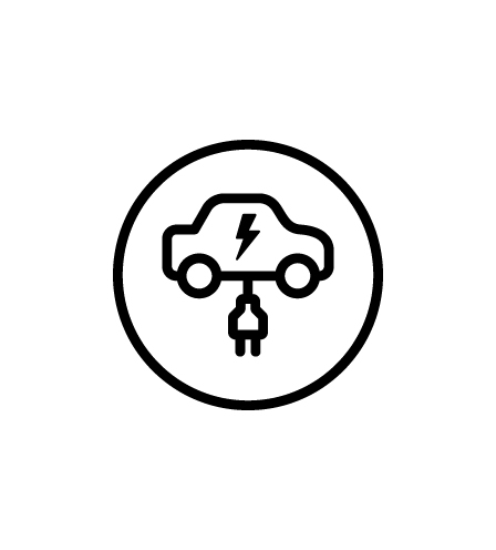 circle icon with an illustration of a car with a lightning bolt on it connected to a plug