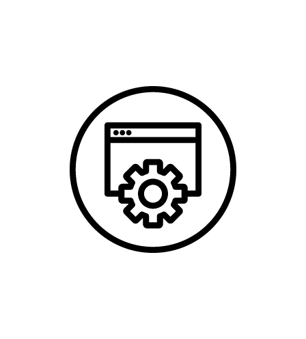 Monochrome icon of a computer alongside a gear wheel, illustrating the concept of OTA software functionality.