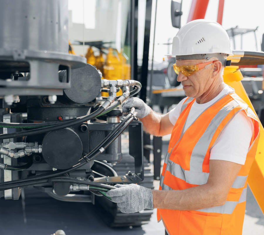 Construction worker in safety gear inspecting and connecting hydraulic tube fittings on heavy machinery.