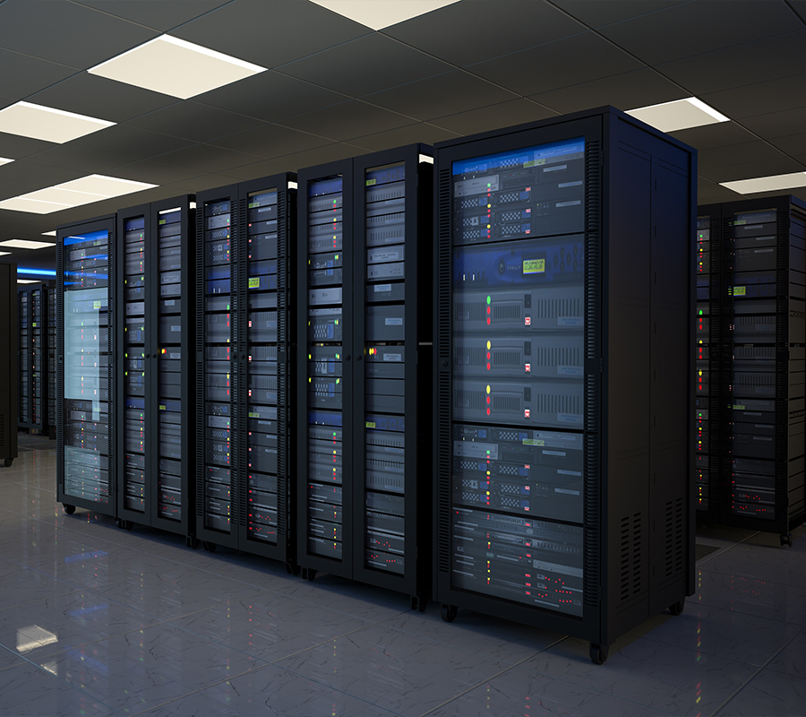 full color image of multiple black server racks with glass doors