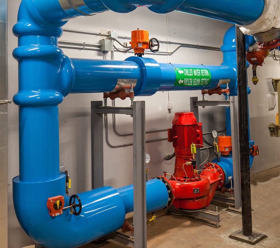 blue and red image of a chilled water pump for data center applications