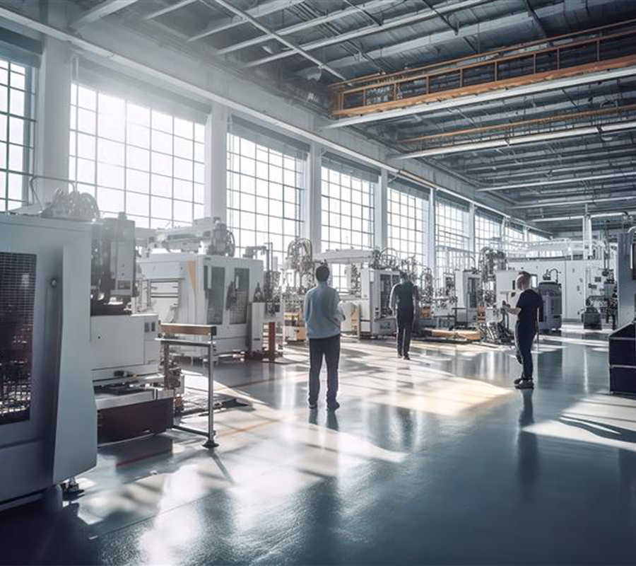 three men standing in a grey factory setting with concrete floors