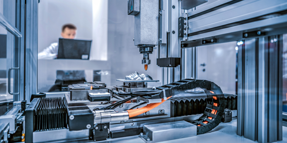 自動化 CNC 機床特寫，背景操作筆電的技術員