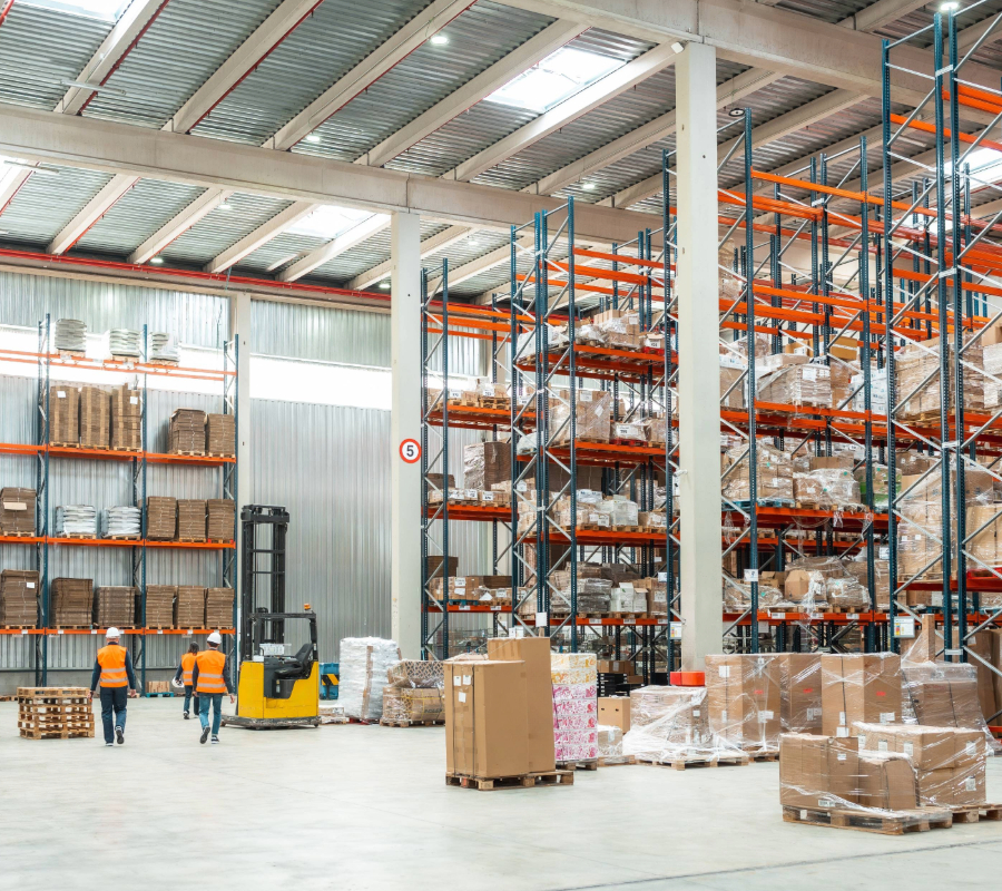 Warehouse with tall storage racks, stacked pallets, and workers in safety vests managing logistics and materials handling