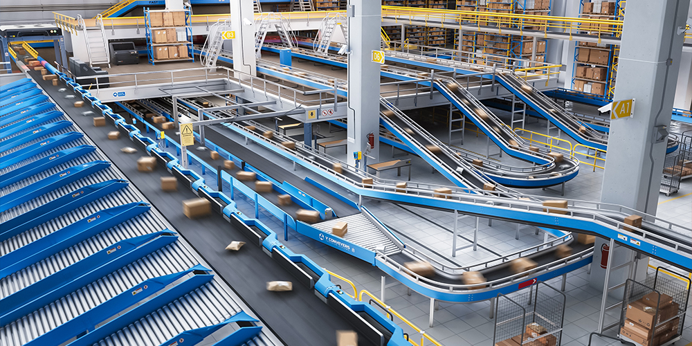 Automated sorting facility with conveyor belts transporting packages.