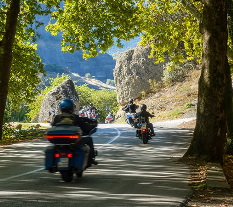 A group of motorcyclists ride through a scenic road surrounded by trees and large rock formations