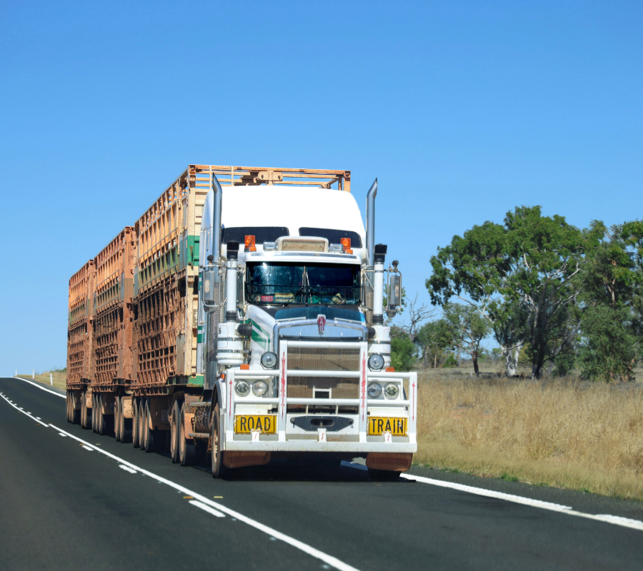 Heavy-duty truck hauling a large load on an open highway in a rural landscape.
