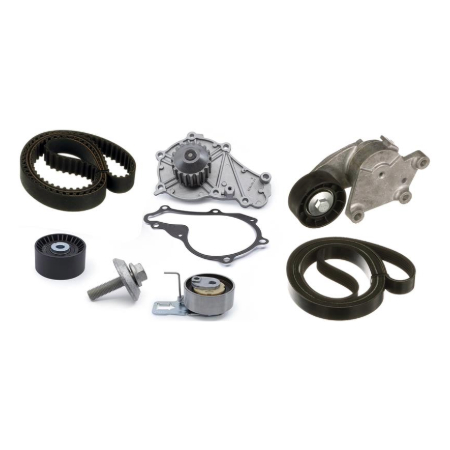 Timing belt kit with water pump, tensioner, idler pulleys, gasket, and serpentine belt.