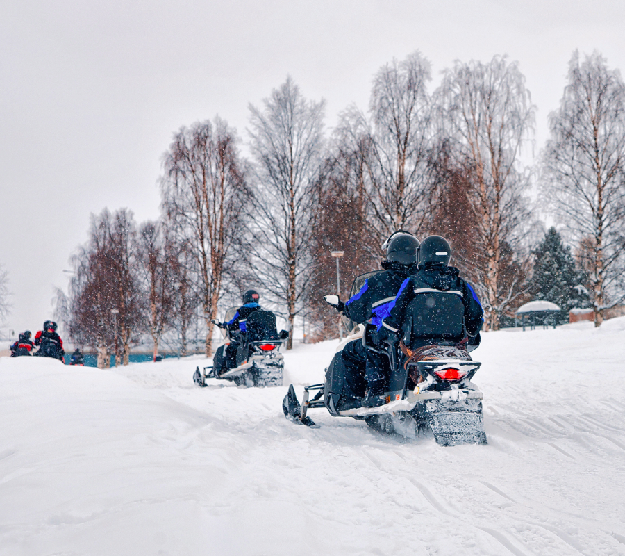 Snowmobiles riding through a snowy, tree-lined trail.