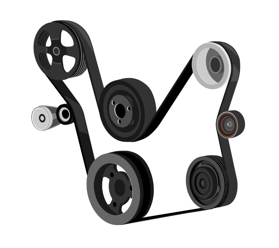 Diagram of a serpentine belt system with multiple pulleys and tensioners.