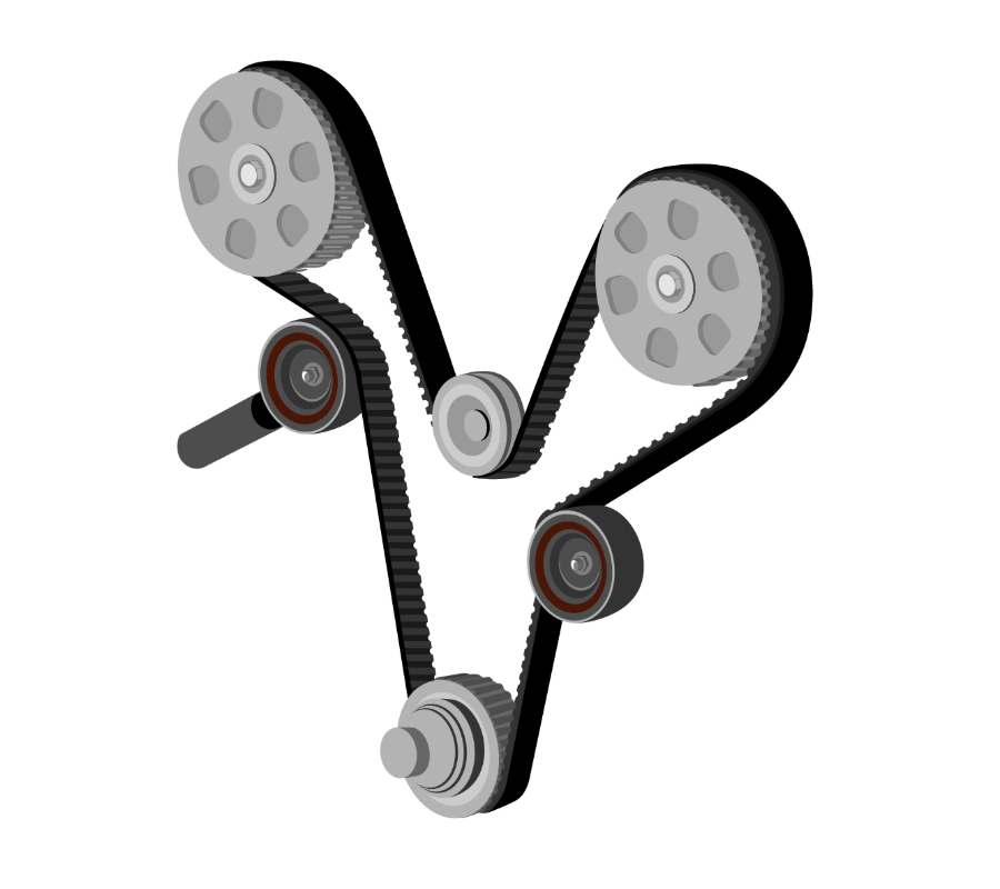 Illustration of an engine timing belt system connecting crankshaft and camshaft pulleys.