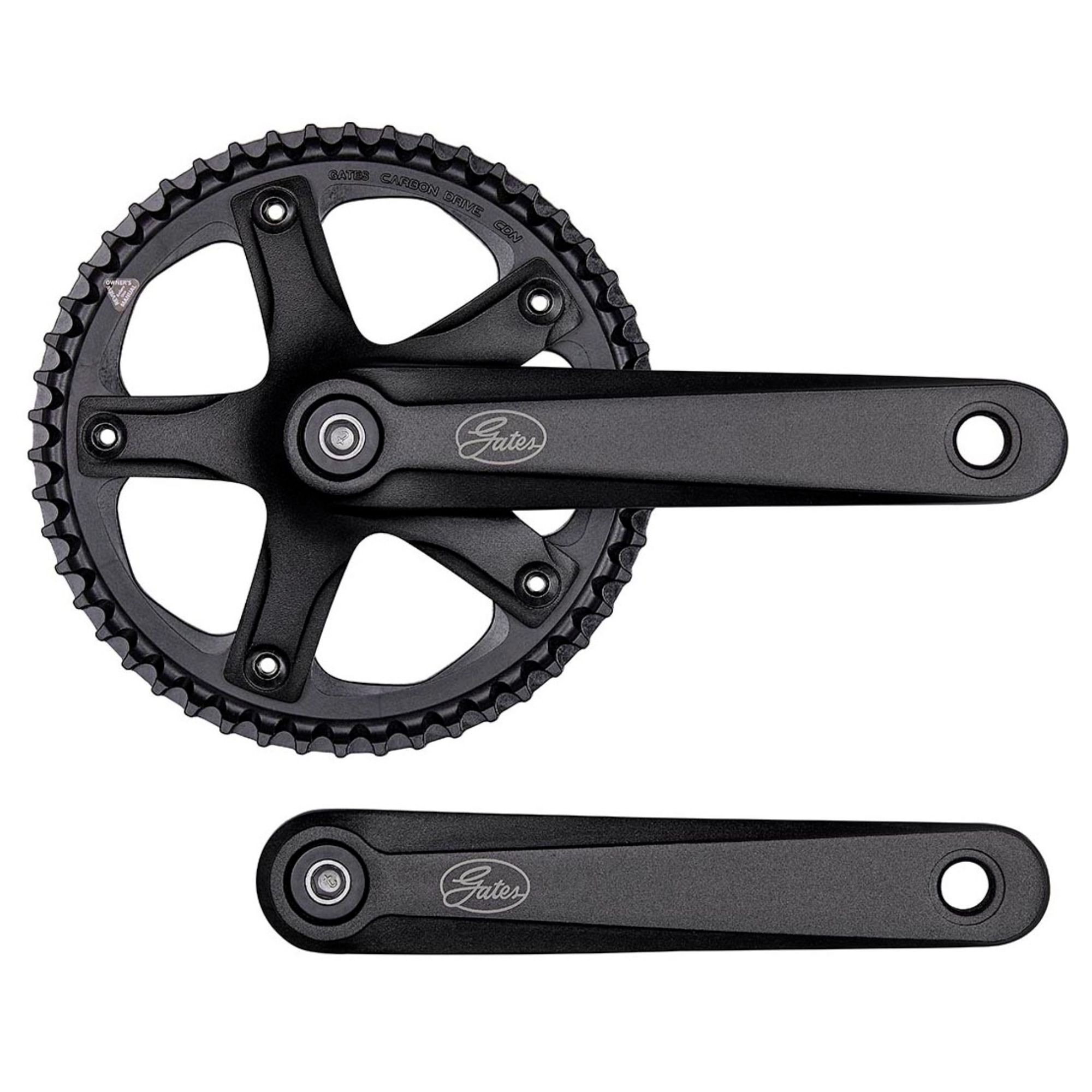 A Gates Carbon Drive crankset with a sprocket, featuring a sleek design for optimal performance in belt-driven bicycles.