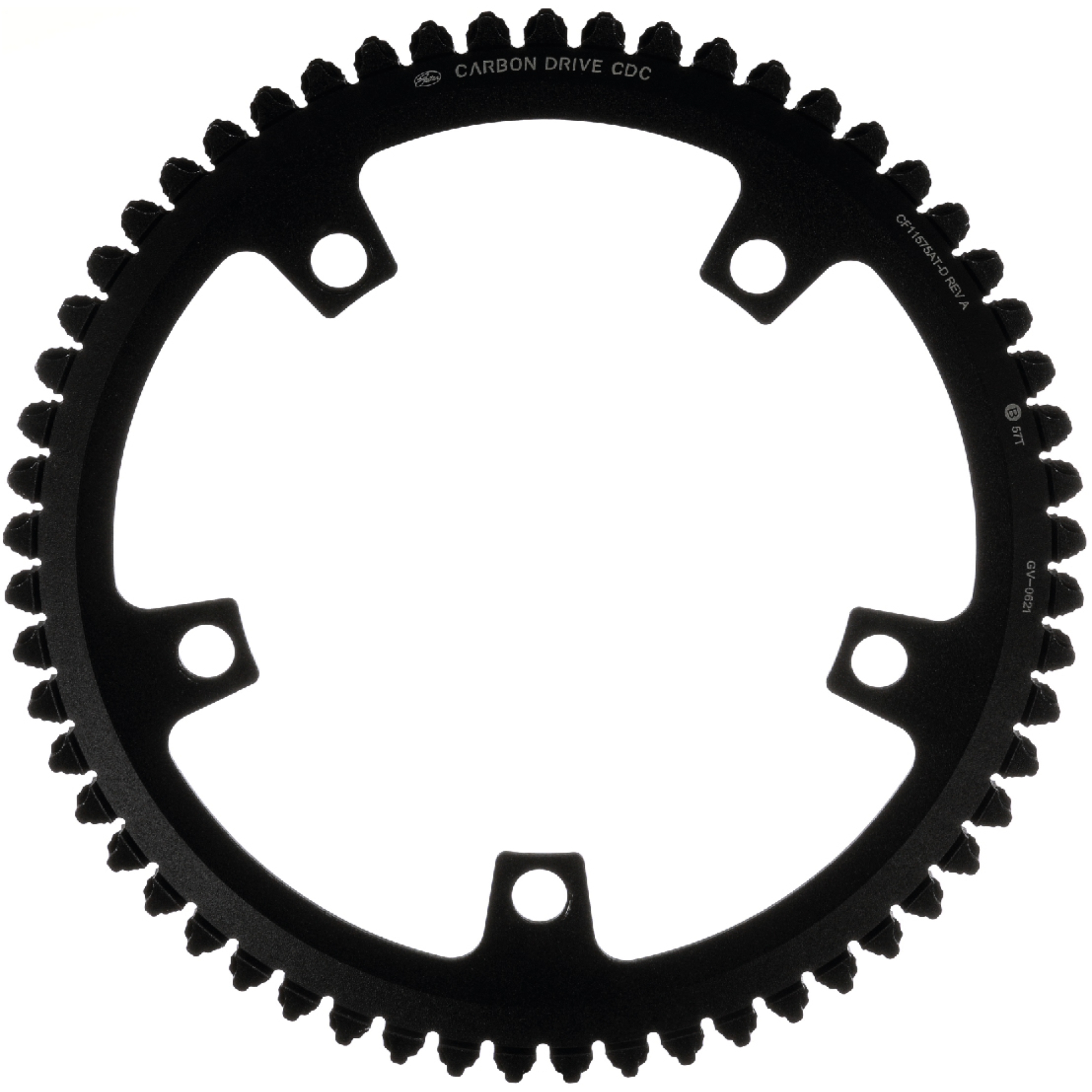 A black Gates Carbon Drive front sprocket, engineered for efficient power transfer and long-lasting use.
