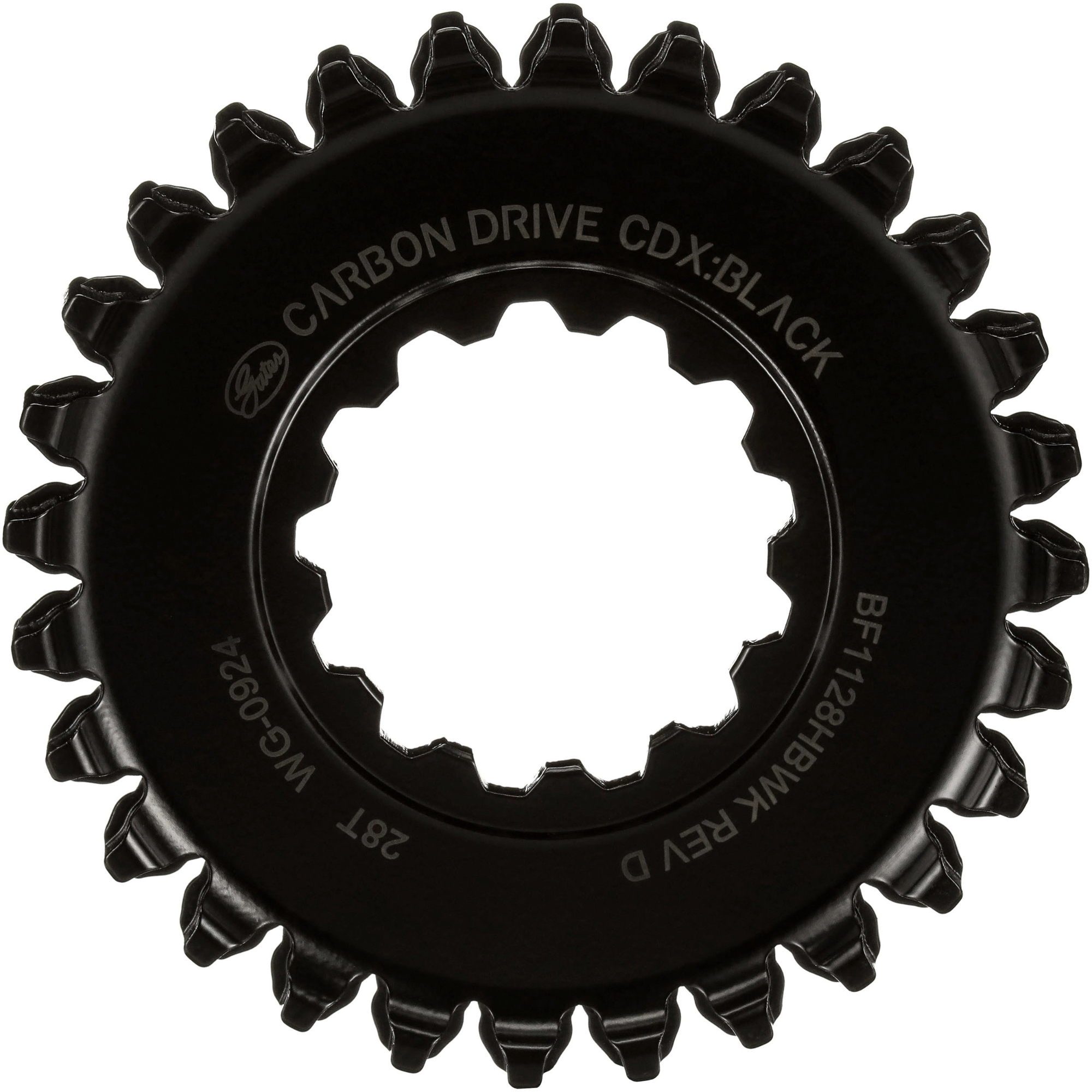 A black Gates Carbon Drive rear sprocket with precise detailing, designed for durability and smooth performance