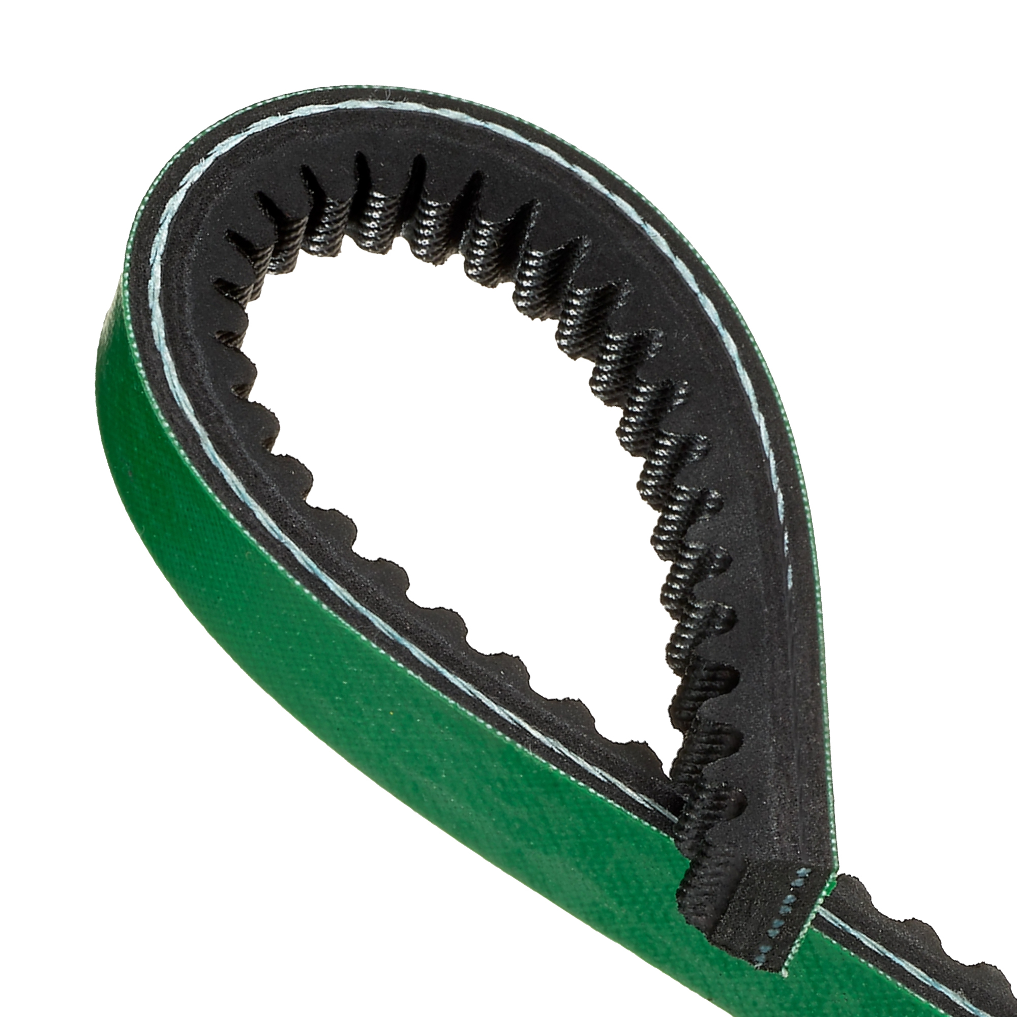 Close-up of a green Gates FleetRunner V-Belt with a durable black interior.