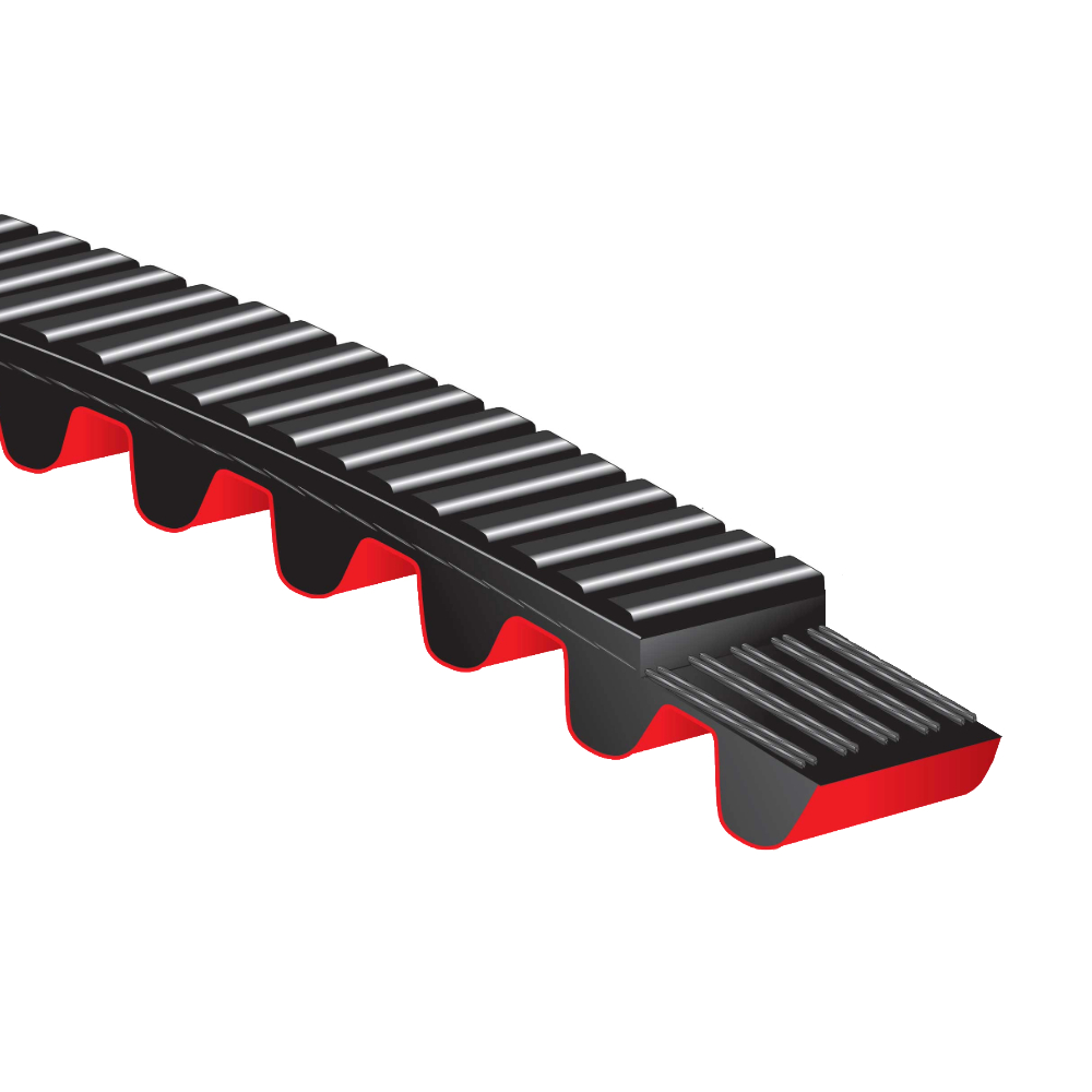 Cross-section of a belt with red backing for high-performance drives.