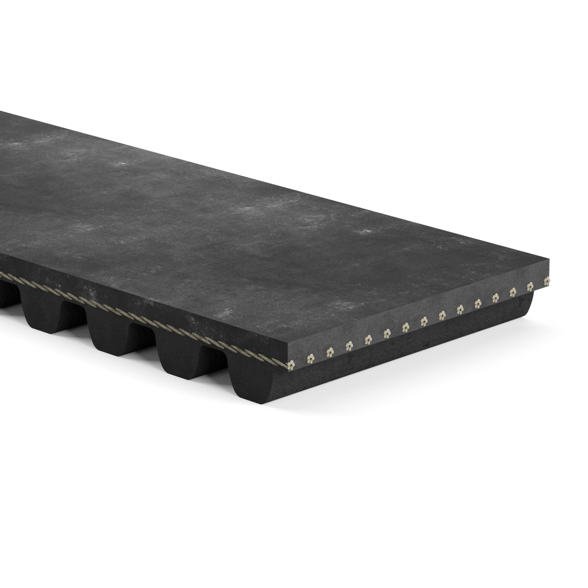 Flat industrial belt with tensile cords for added durability.