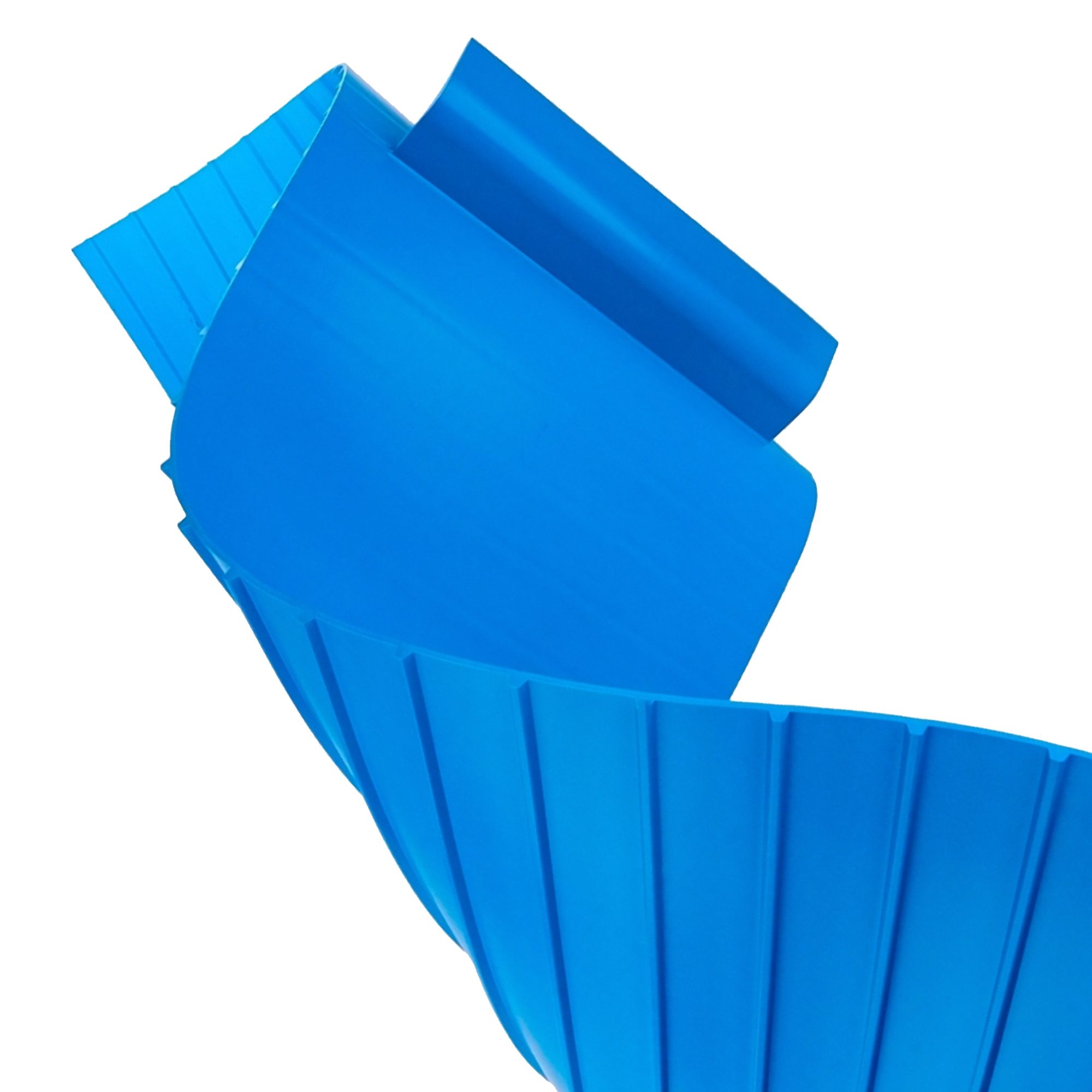 A Gates blue industrial conveyor belt with a ribbed surface, shown in a curved shape.